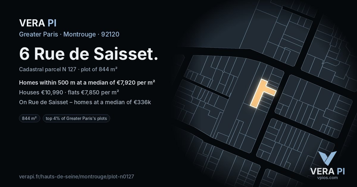 6 Rue de Saisset, Montrouge at night – the plot lit, the parcels around coloured by the prices near them