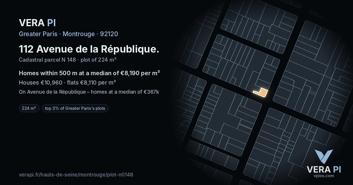 112 Avenue de la République, Montrouge at night – the plot lit, the parcels around coloured by the prices near them