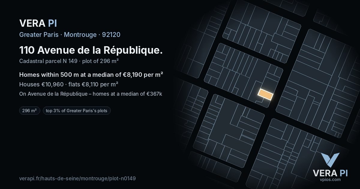 110 Avenue de la République, Montrouge at night – the plot lit, the parcels around coloured by the prices near them