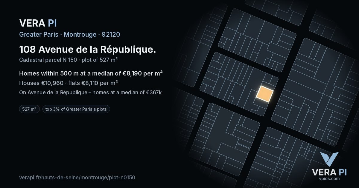 108 Avenue de la République, Montrouge at night – the plot lit, the parcels around coloured by the prices near them