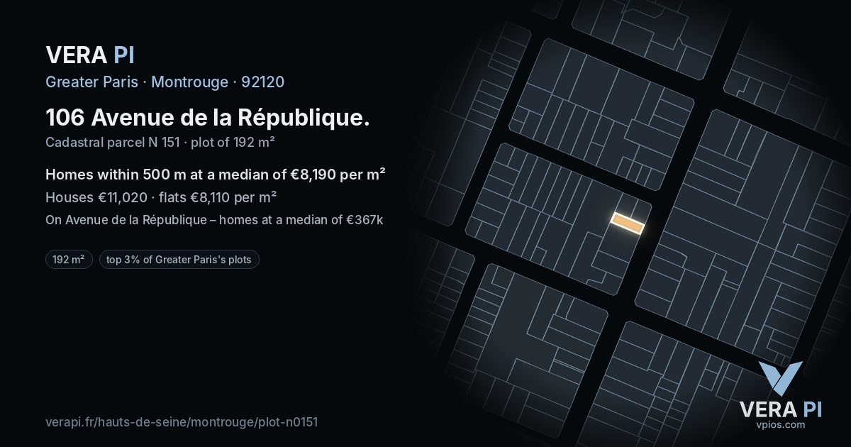 106 Avenue de la République, Montrouge at night – the plot lit, the parcels around coloured by the prices near them