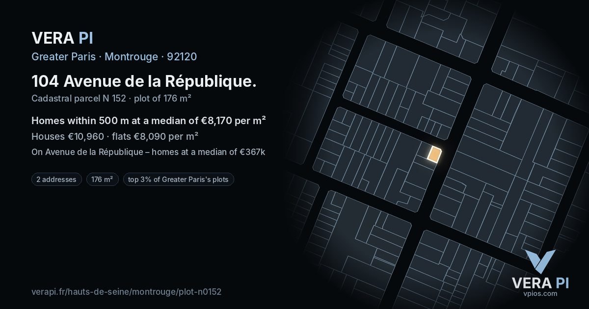 104 Avenue de la République, Montrouge at night – the plot lit, the parcels around coloured by the prices near them