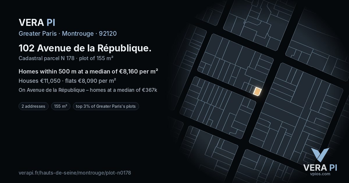 102 Avenue de la République, Montrouge at night – the plot lit, the parcels around coloured by the prices near them