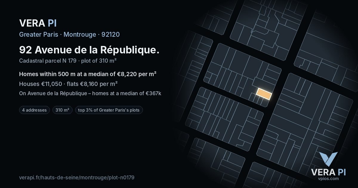 92 Avenue de la République, Montrouge at night – the plot lit, the parcels around coloured by the prices near them