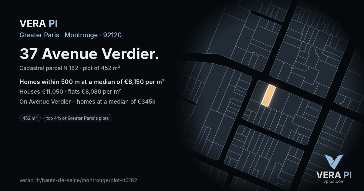 37 Avenue Verdier, Montrouge at night – the plot lit, the parcels around coloured by the prices near them