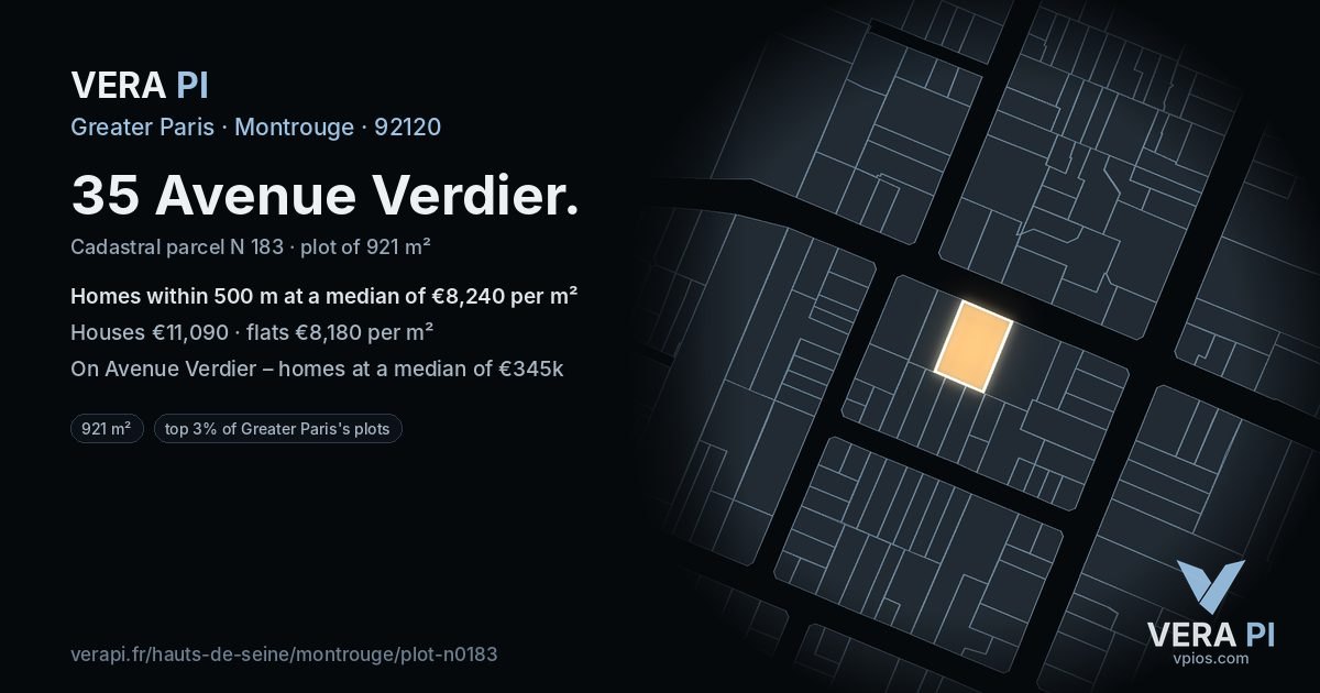 35 Avenue Verdier, Montrouge at night – the plot lit, the parcels around coloured by the prices near them