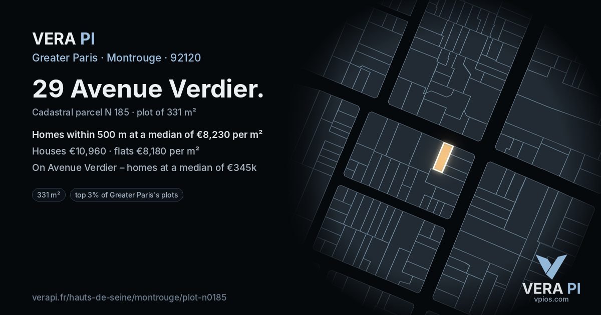 29 Avenue Verdier, Montrouge at night – the plot lit, the parcels around coloured by the prices near them