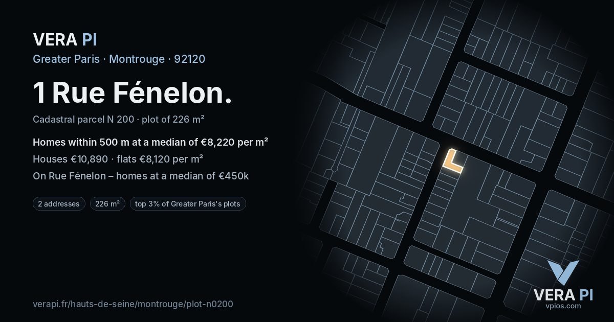 1 Rue Fénelon, Montrouge at night – the plot lit, the parcels around coloured by the prices near them