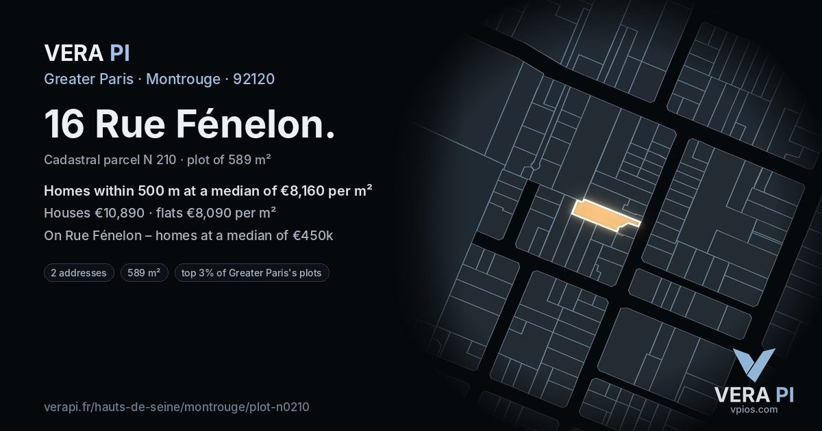 16 Rue Fénelon, Montrouge at night – the plot lit, the parcels around coloured by the prices near them