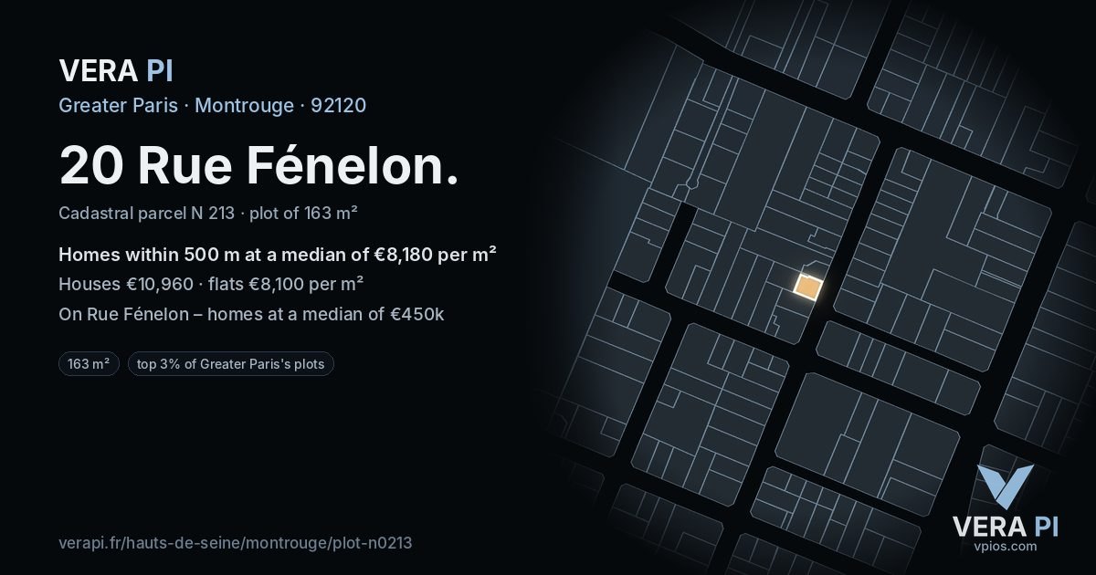 20 Rue Fénelon, Montrouge at night – the plot lit, the parcels around coloured by the prices near them