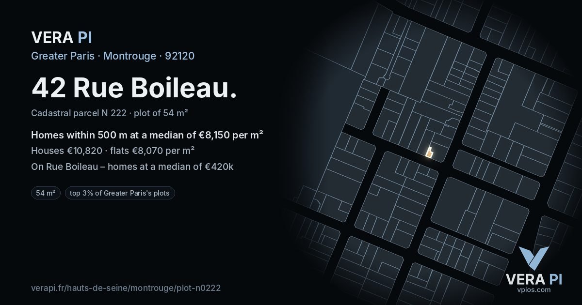 42 Rue Boileau, Montrouge at night – the plot lit, the parcels around coloured by the prices near them