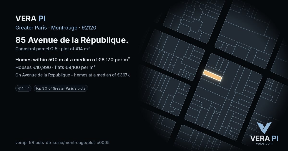 85 Avenue de la République, Montrouge at night – the plot lit, the parcels around coloured by the prices near them