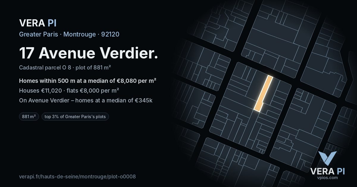 17 Avenue Verdier, Montrouge at night – the plot lit, the parcels around coloured by the prices near them