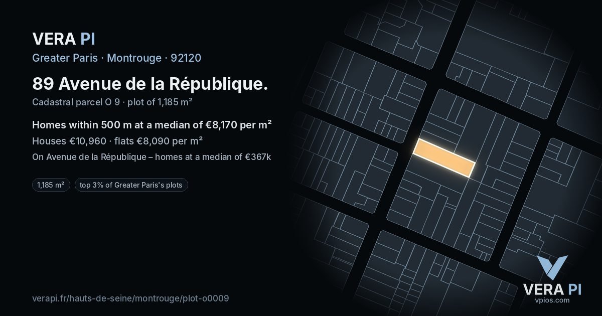 89 Avenue de la République, Montrouge at night – the plot lit, the parcels around coloured by the prices near them