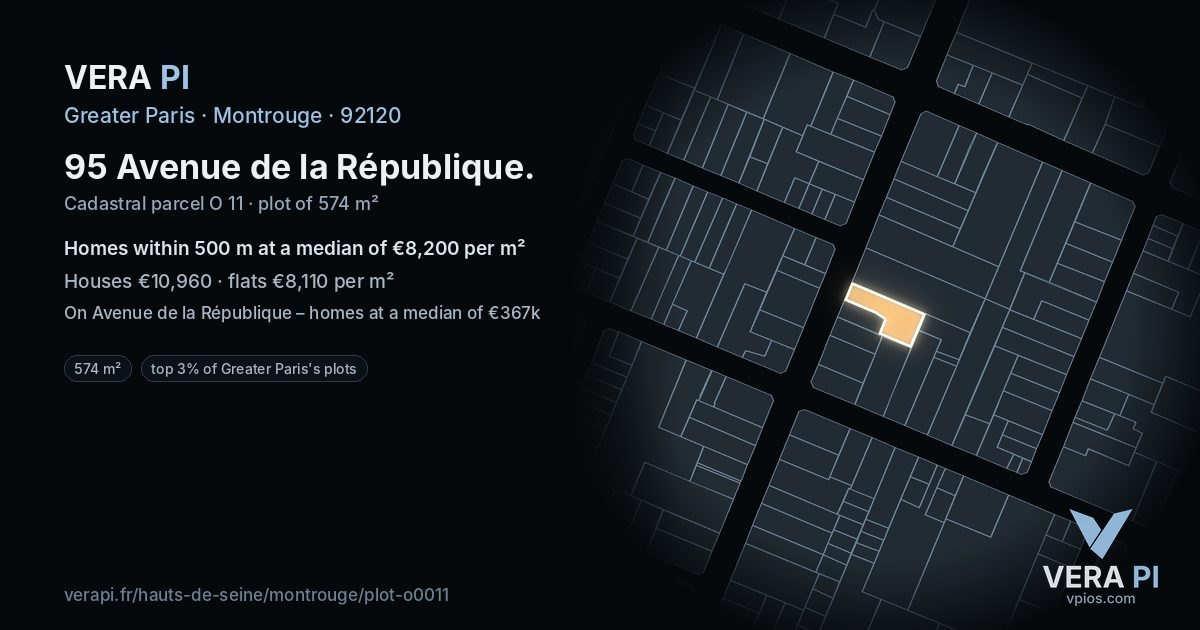 95 Avenue de la République, Montrouge at night – the plot lit, the parcels around coloured by the prices near them
