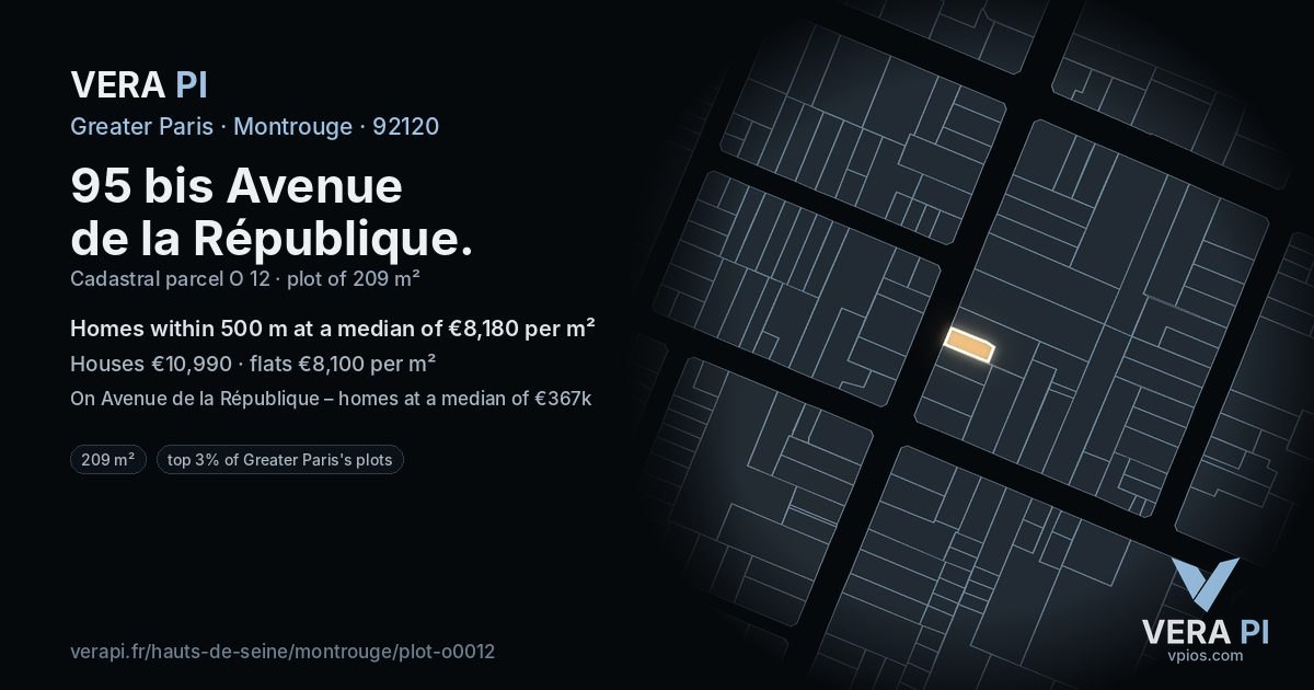 95 bis Avenue de la République, Montrouge at night – the plot lit, the parcels around coloured by the prices near them