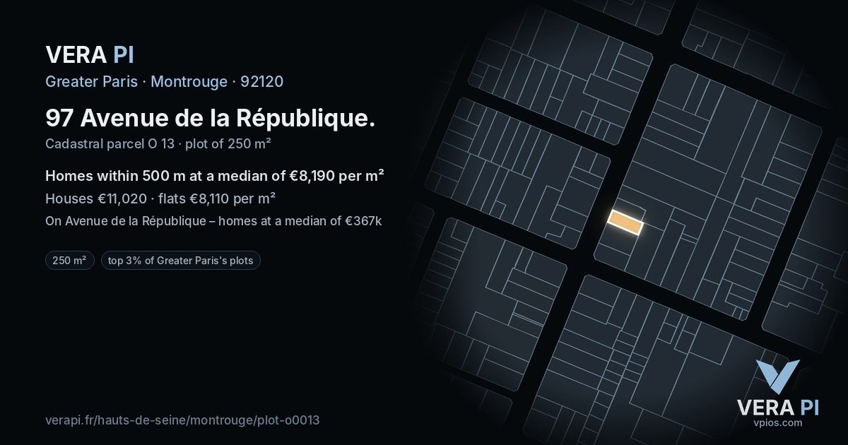 97 Avenue de la République, Montrouge at night – the plot lit, the parcels around coloured by the prices near them