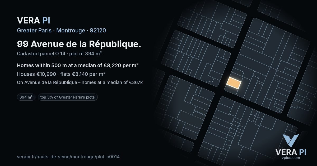 99 Avenue de la République, Montrouge at night – the plot lit, the parcels around coloured by the prices near them
