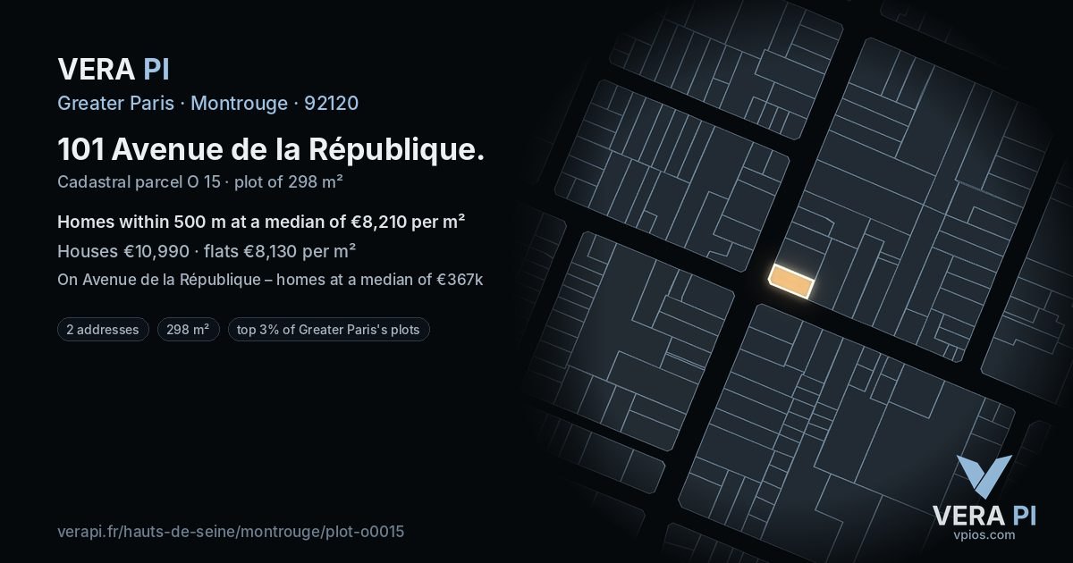 101 Avenue de la République, Montrouge at night – the plot lit, the parcels around coloured by the prices near them
