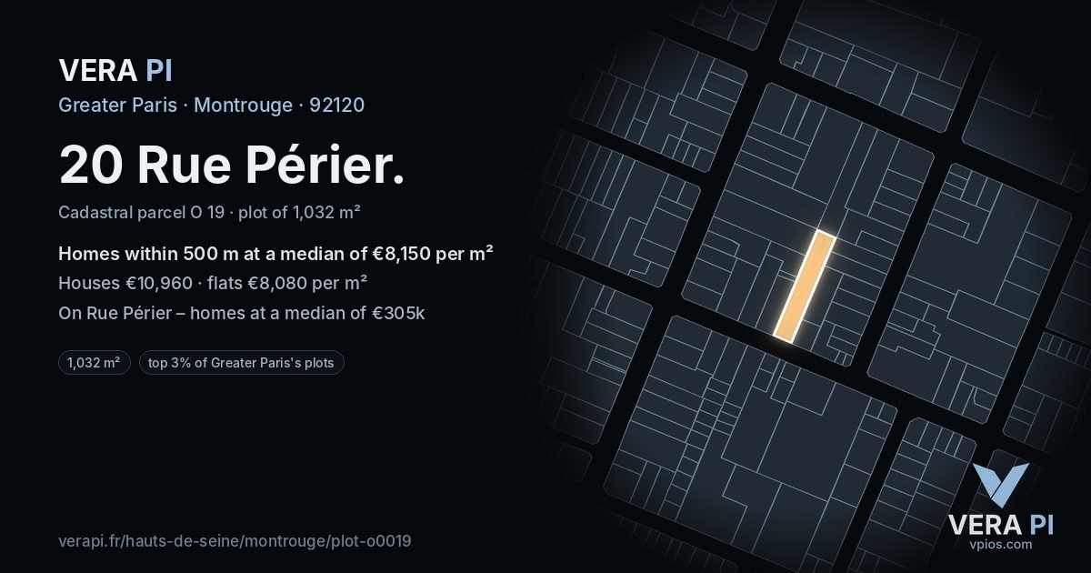 20 Rue Périer, Montrouge at night – the plot lit, the parcels around coloured by the prices near them