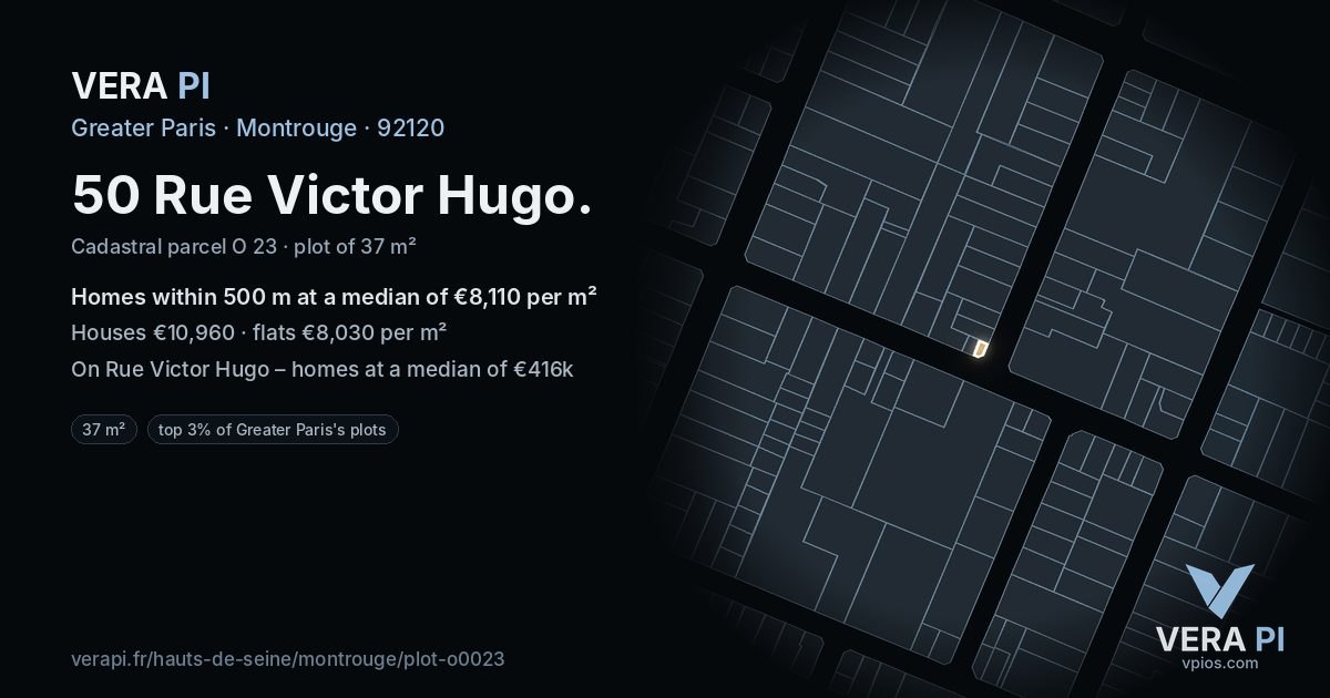 50 Rue Victor Hugo, Montrouge at night – the plot lit, the parcels around coloured by the prices near them