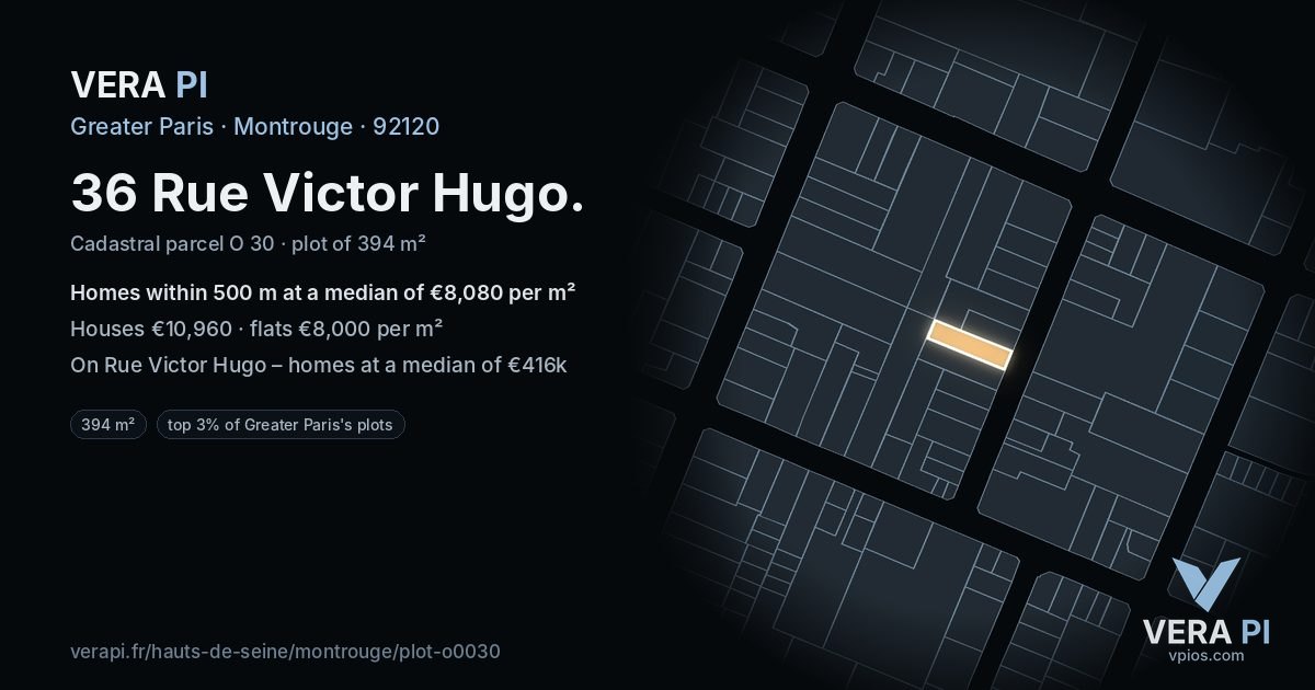 36 Rue Victor Hugo, Montrouge at night – the plot lit, the parcels around coloured by the prices near them
