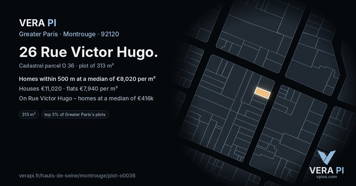 26 Rue Victor Hugo, Montrouge at night – the plot lit, the parcels around coloured by the prices near them