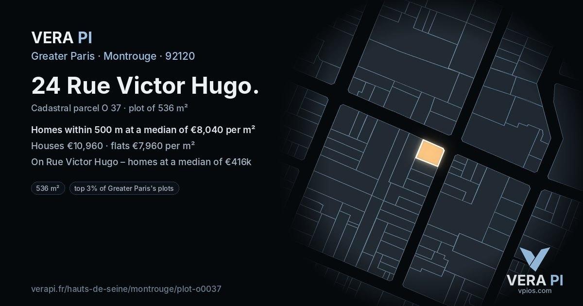 24 Rue Victor Hugo, Montrouge at night – the plot lit, the parcels around coloured by the prices near them