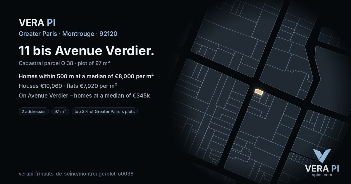 11 bis Avenue Verdier, Montrouge at night – the plot lit, the parcels around coloured by the prices near them