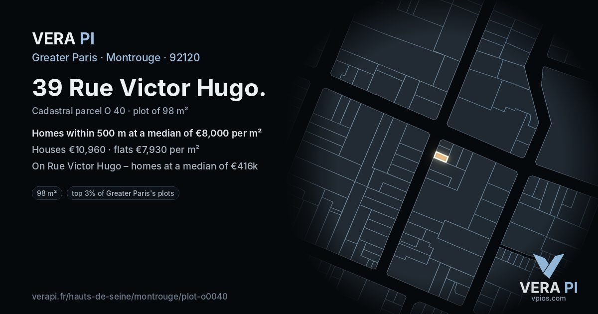 39 Rue Victor Hugo, Montrouge at night – the plot lit, the parcels around coloured by the prices near them