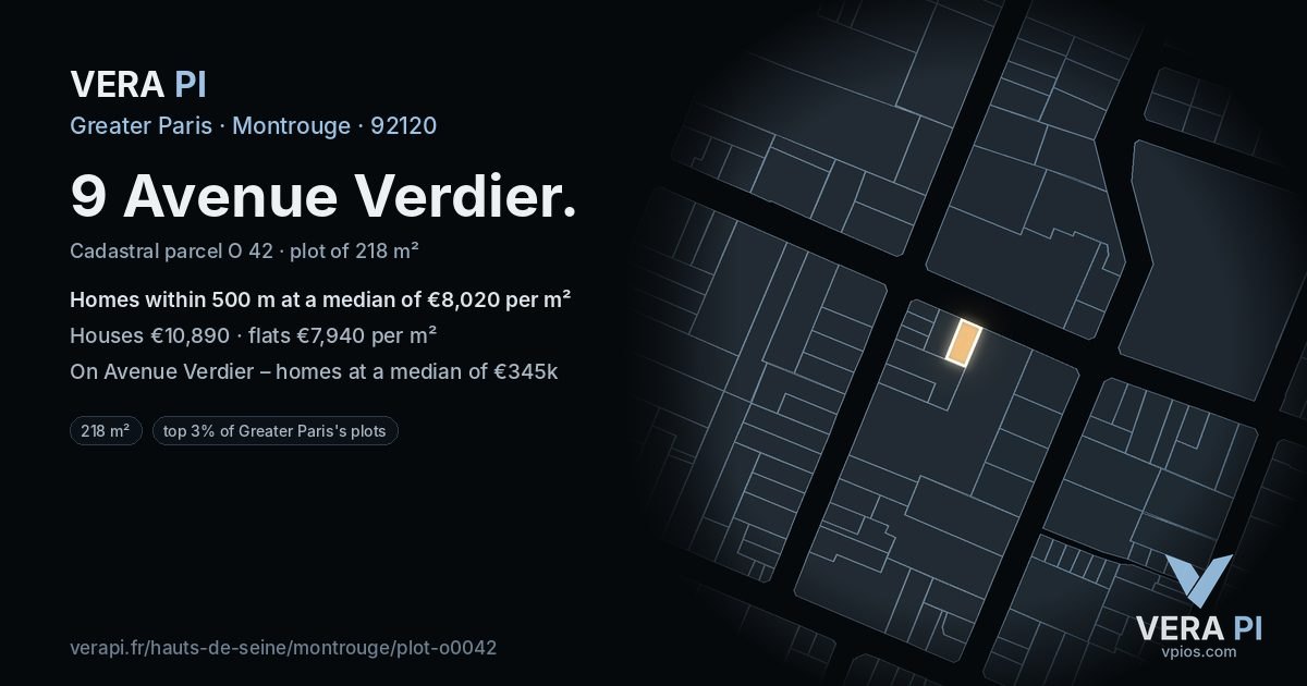 9 Avenue Verdier, Montrouge at night – the plot lit, the parcels around coloured by the prices near them