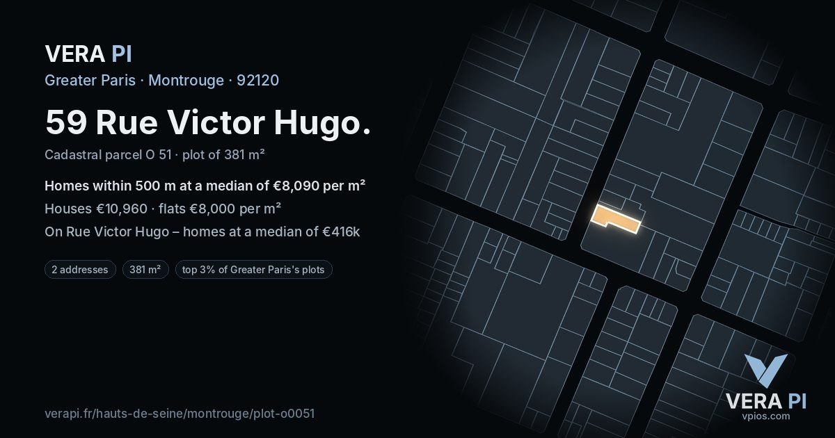 59 Rue Victor Hugo, Montrouge at night – the plot lit, the parcels around coloured by the prices near them