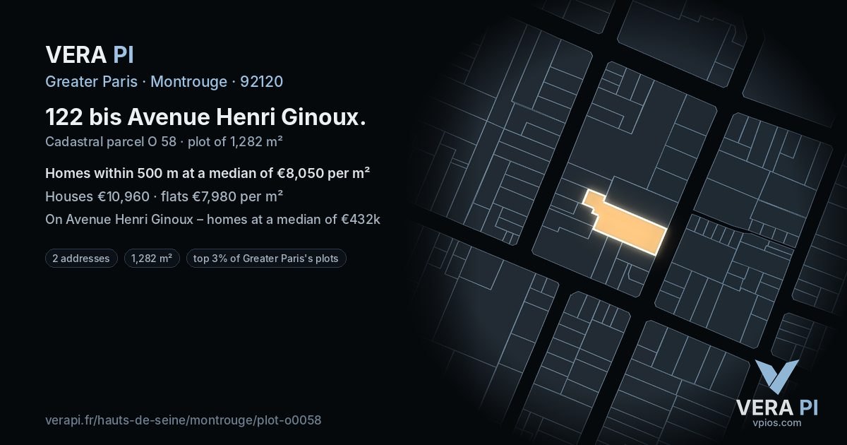 122 bis Avenue Henri Ginoux, Montrouge at night – the plot lit, the parcels around coloured by the prices near them