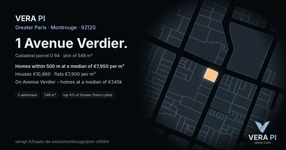 1 Avenue Verdier, Montrouge at night – the plot lit, the parcels around coloured by the prices near them