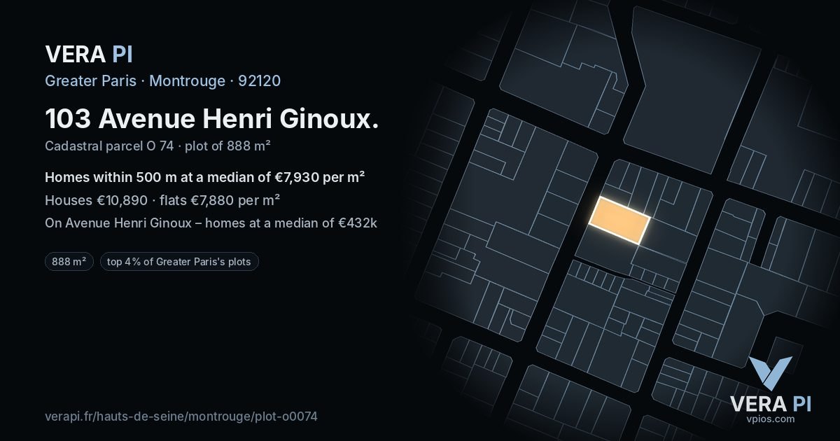 103 Avenue Henri Ginoux, Montrouge at night – the plot lit, the parcels around coloured by the prices near them
