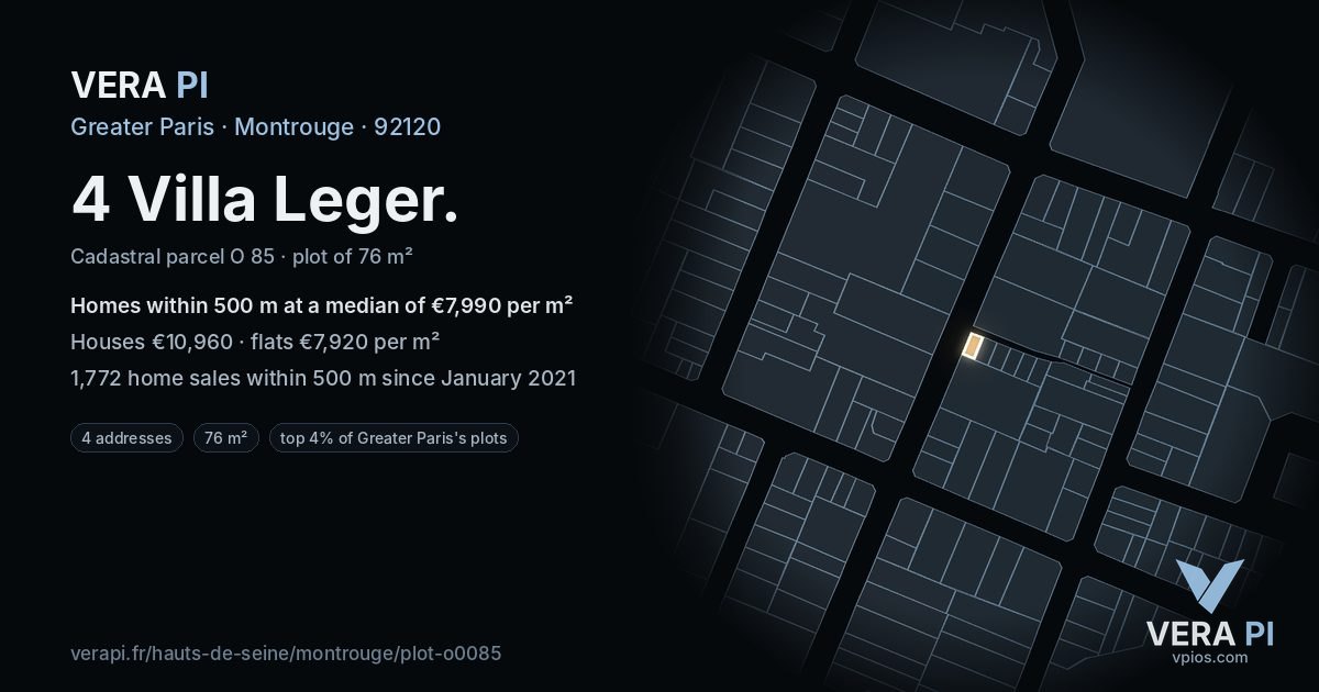 4 Villa Leger, Montrouge at night – the plot lit, the parcels around coloured by the prices near them