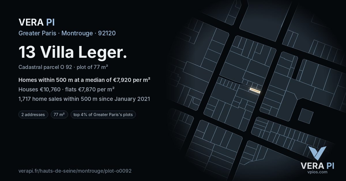 13 Villa Leger, Montrouge at night – the plot lit, the parcels around coloured by the prices near them