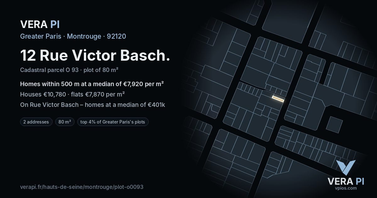 12 Rue Victor Basch, Montrouge at night – the plot lit, the parcels around coloured by the prices near them
