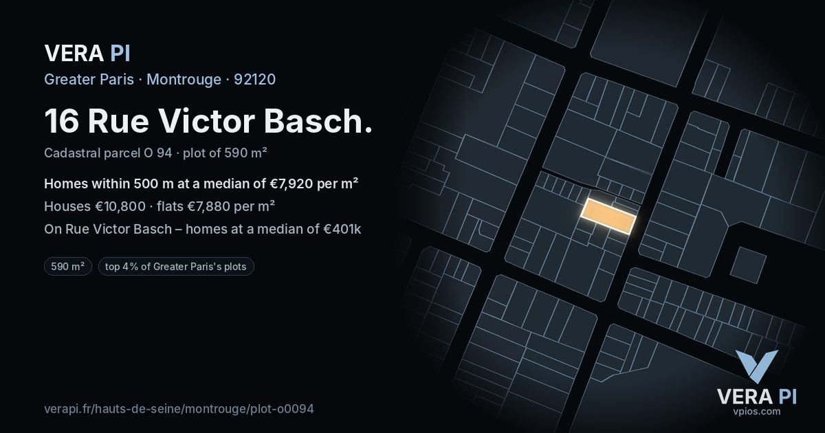 16 Rue Victor Basch, Montrouge at night – the plot lit, the parcels around coloured by the prices near them