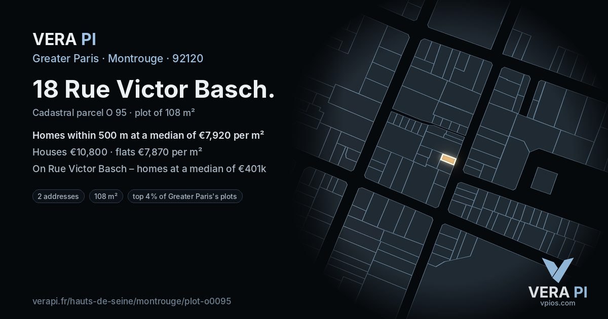 18 Rue Victor Basch, Montrouge at night – the plot lit, the parcels around coloured by the prices near them