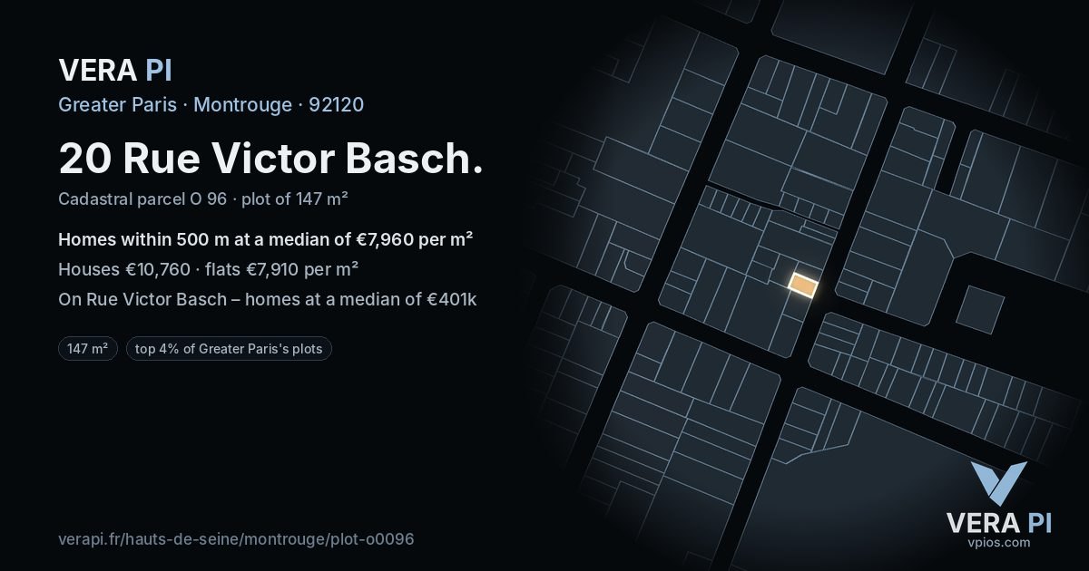 20 Rue Victor Basch, Montrouge at night – the plot lit, the parcels around coloured by the prices near them