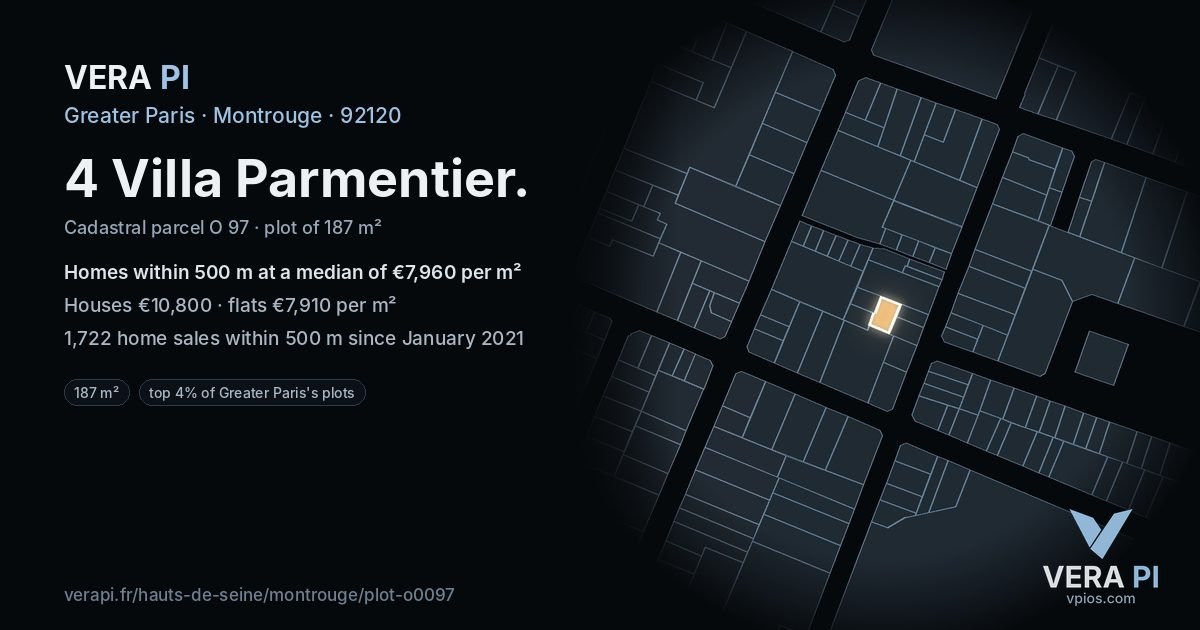 4 Villa Parmentier, Montrouge at night – the plot lit, the parcels around coloured by the prices near them