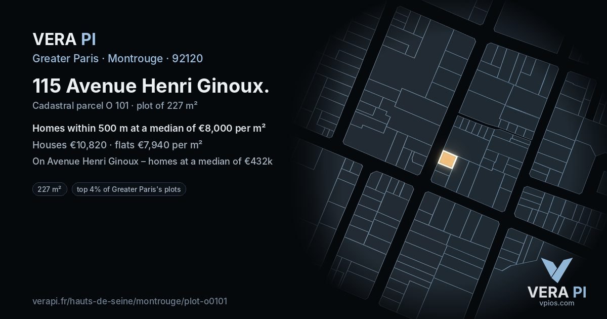 115 Avenue Henri Ginoux, Montrouge at night – the plot lit, the parcels around coloured by the prices near them
