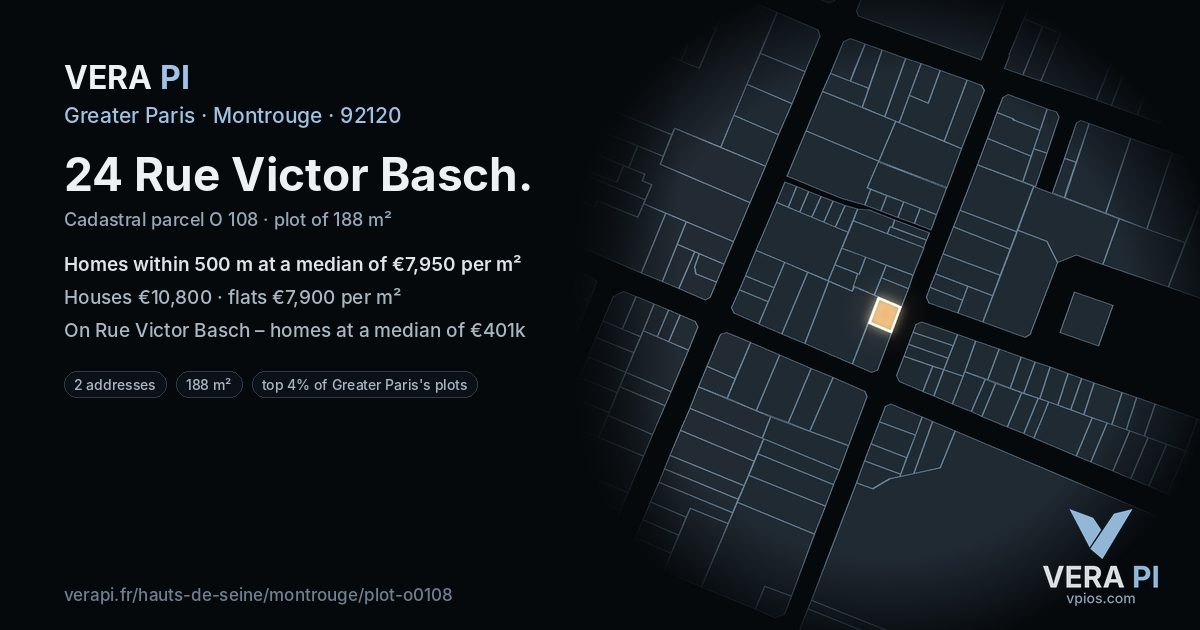 24 Rue Victor Basch, Montrouge at night – the plot lit, the parcels around coloured by the prices near them