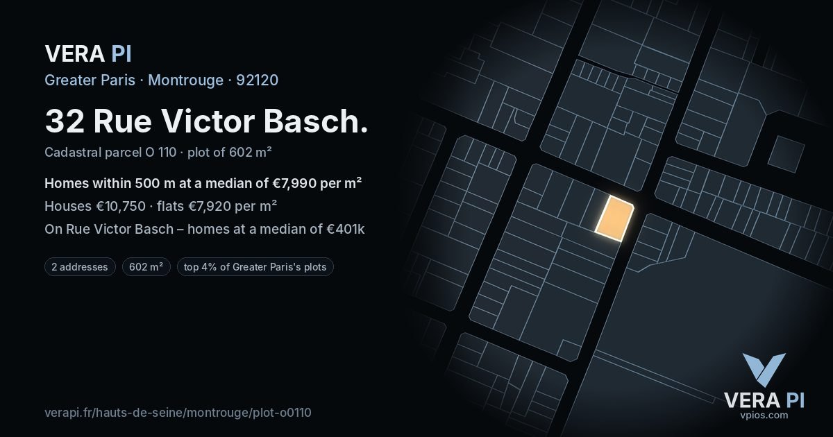 32 Rue Victor Basch, Montrouge at night – the plot lit, the parcels around coloured by the prices near them