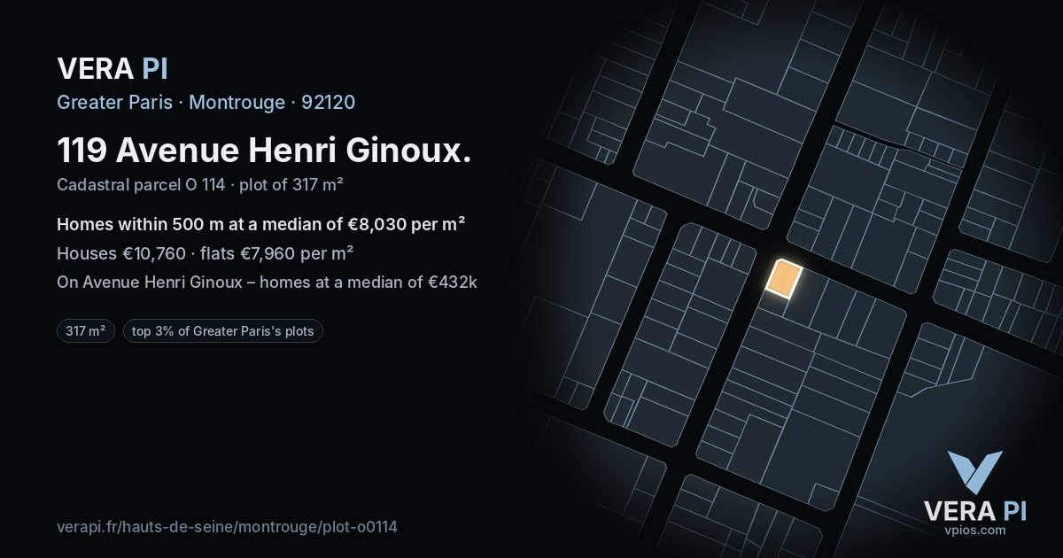 119 Avenue Henri Ginoux, Montrouge at night – the plot lit, the parcels around coloured by the prices near them