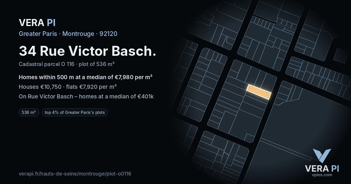 34 Rue Victor Basch, Montrouge at night – the plot lit, the parcels around coloured by the prices near them