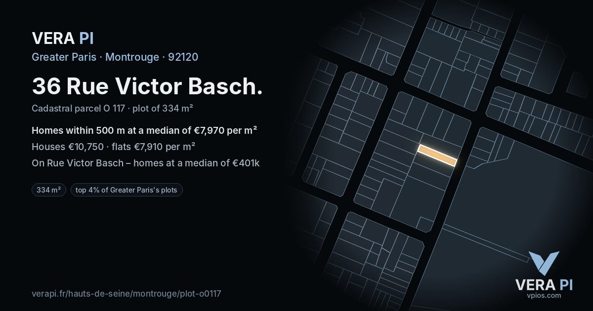 36 Rue Victor Basch, Montrouge at night – the plot lit, the parcels around coloured by the prices near them