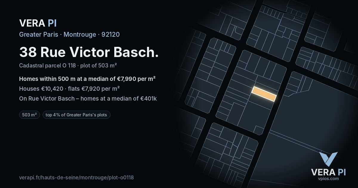 38 Rue Victor Basch, Montrouge at night – the plot lit, the parcels around coloured by the prices near them