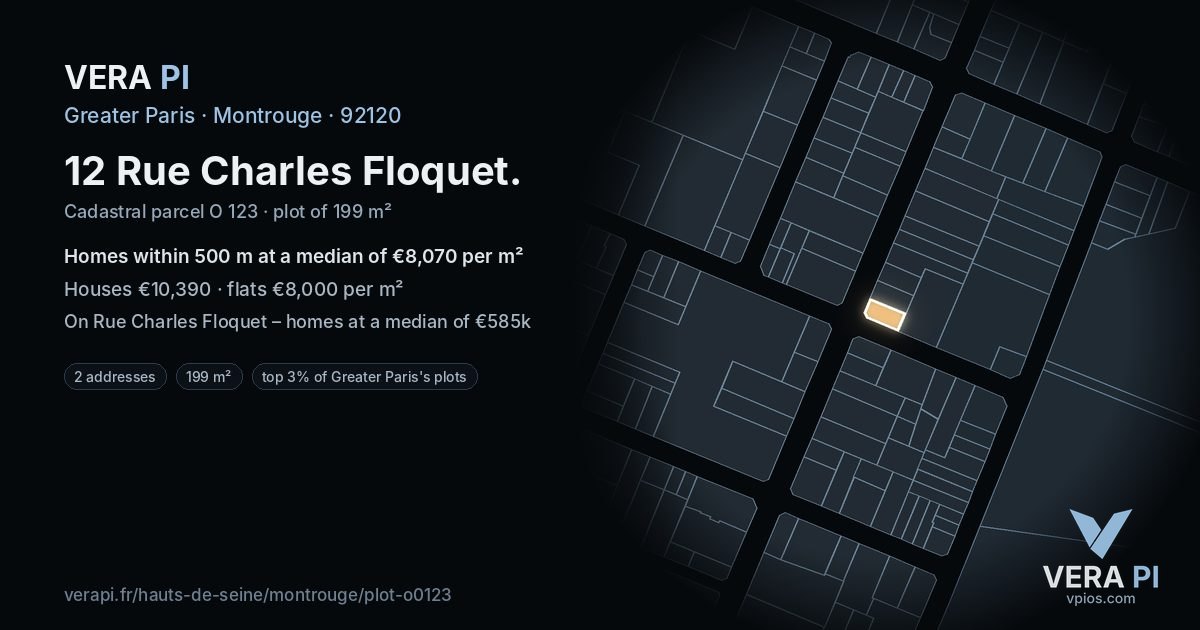 12 Rue Charles Floquet, Montrouge at night – the plot lit, the parcels around coloured by the prices near them